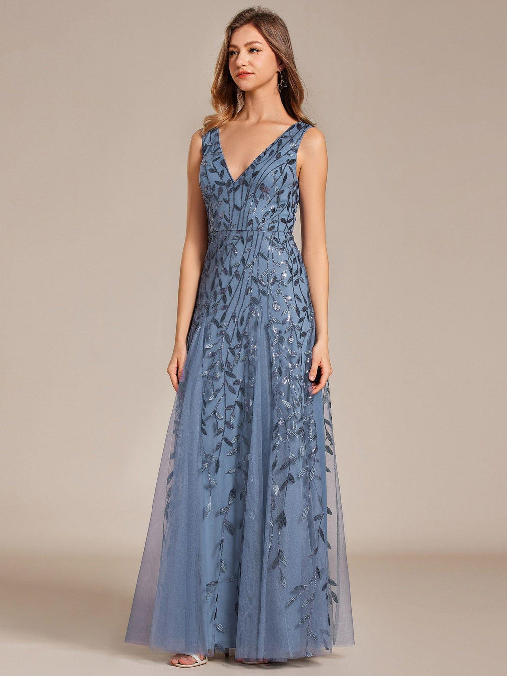 Funkelndes Abendkleid in A-Linie mit Empire-Taille und langen ?rmeln #farbe_Dusty Navy