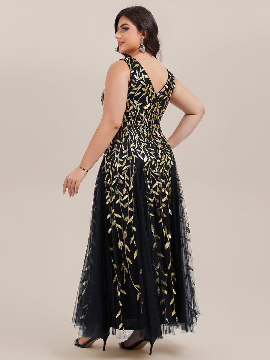 Funkelndes Abendkleid in A-Linie mit Empire-Taille und langen ?rmeln #farbe_Schwarz & Gold