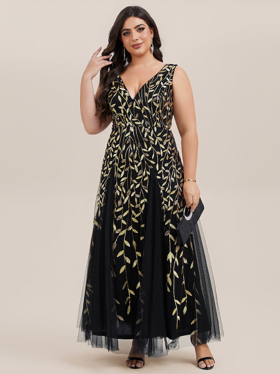 Funkelndes Abendkleid in A-Linie mit Empire-Taille und langen ?rmeln #farbe_Schwarz & Gold