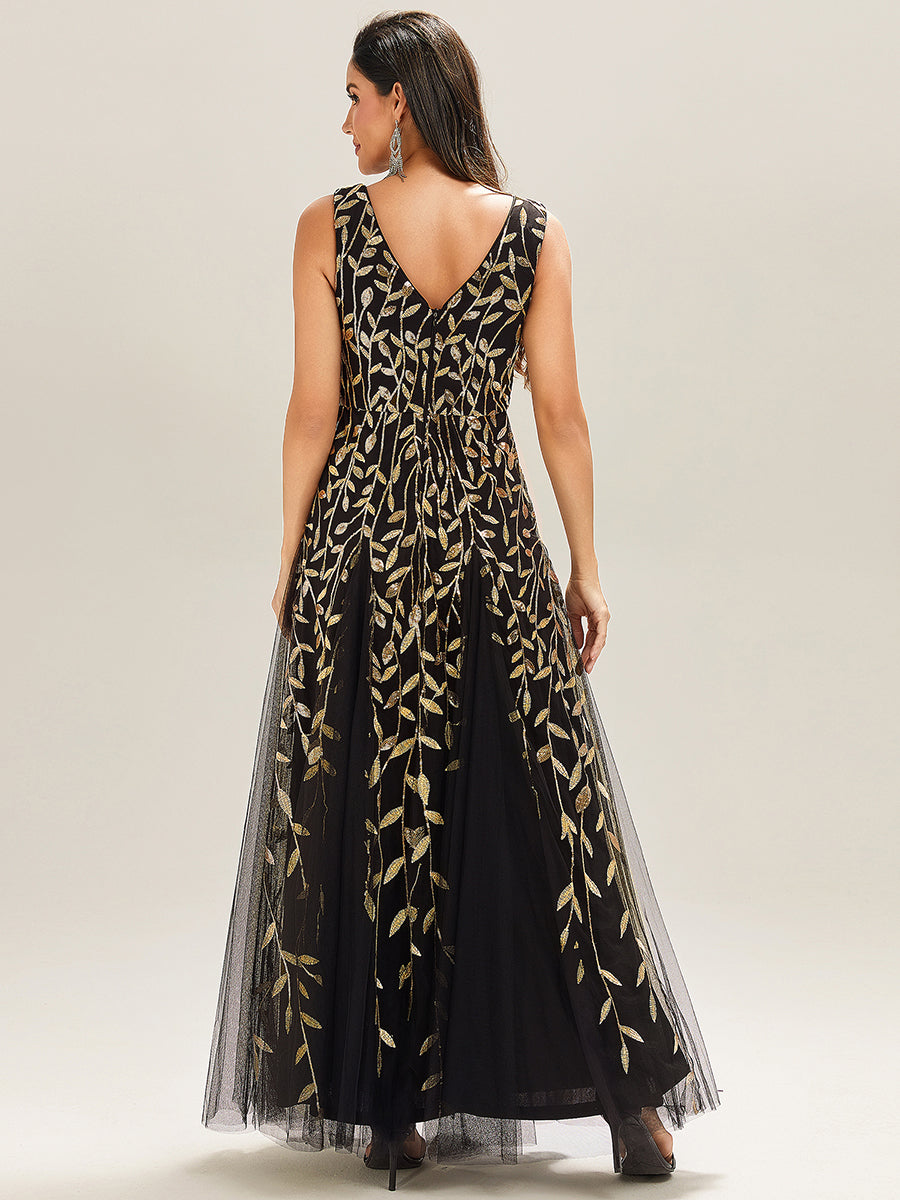 Funkelndes Abendkleid in A-Linie mit Empire-Taille und langen ?rmeln #farbe_Schwarz & Gold