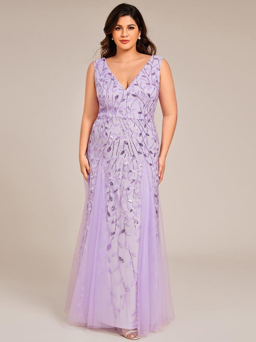 Funkelndes Abendkleid in A-Linie mit Empire-Taille und langen ?rmeln #farbe_Violett