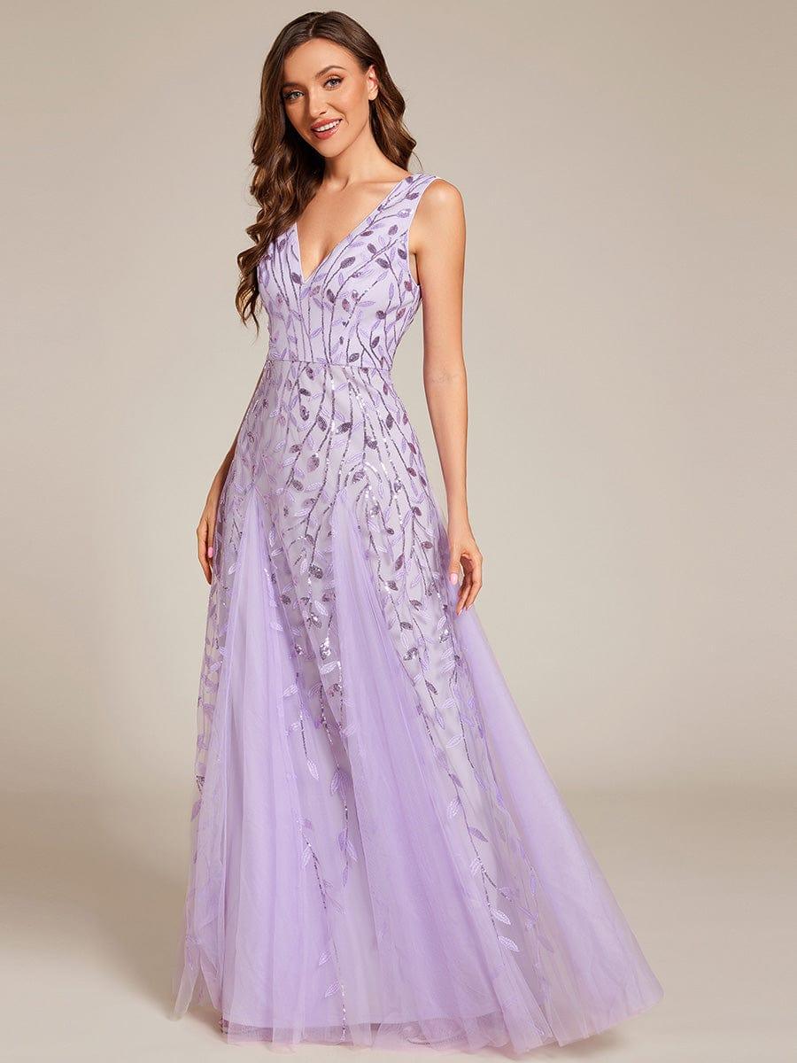 Funkelndes Abendkleid in A-Linie mit Empire-Taille und langen ?rmeln #farbe_Violett