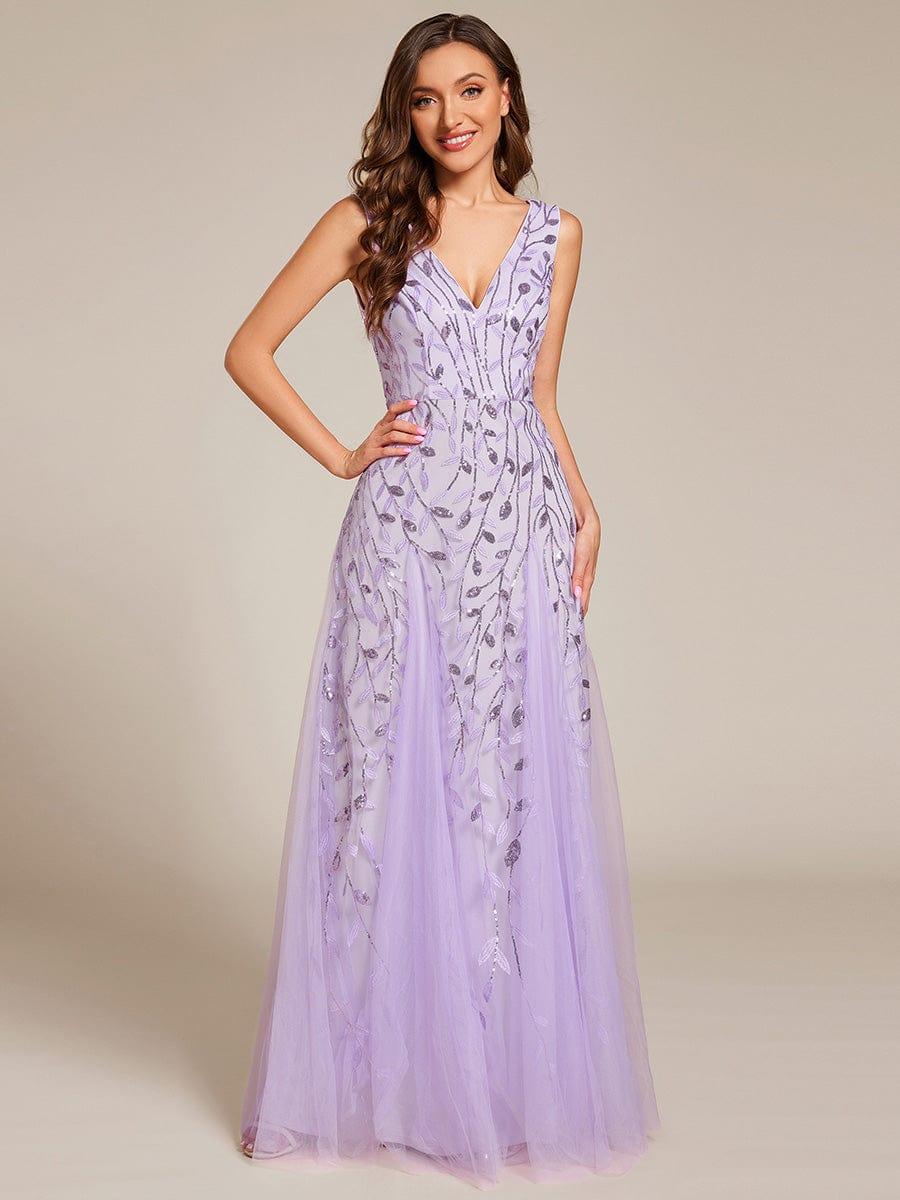Funkelndes Abendkleid in A-Linie mit Empire-Taille und langen ?rmeln #farbe_Violett