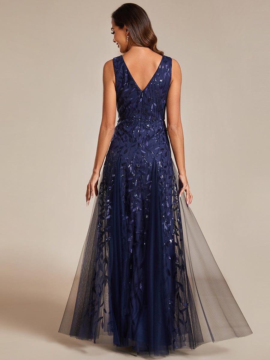 Funkelndes Abendkleid in A-Linie mit Empire-Taille und langen ?rmeln #farbe_Navy Blau