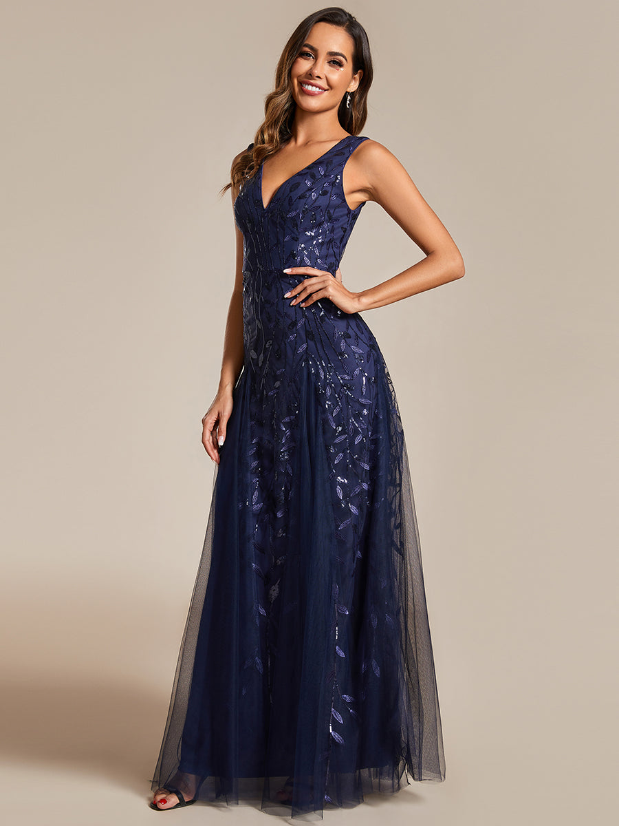 Funkelndes Abendkleid in A-Linie mit Empire-Taille und langen ?rmeln #farbe_Marineblau