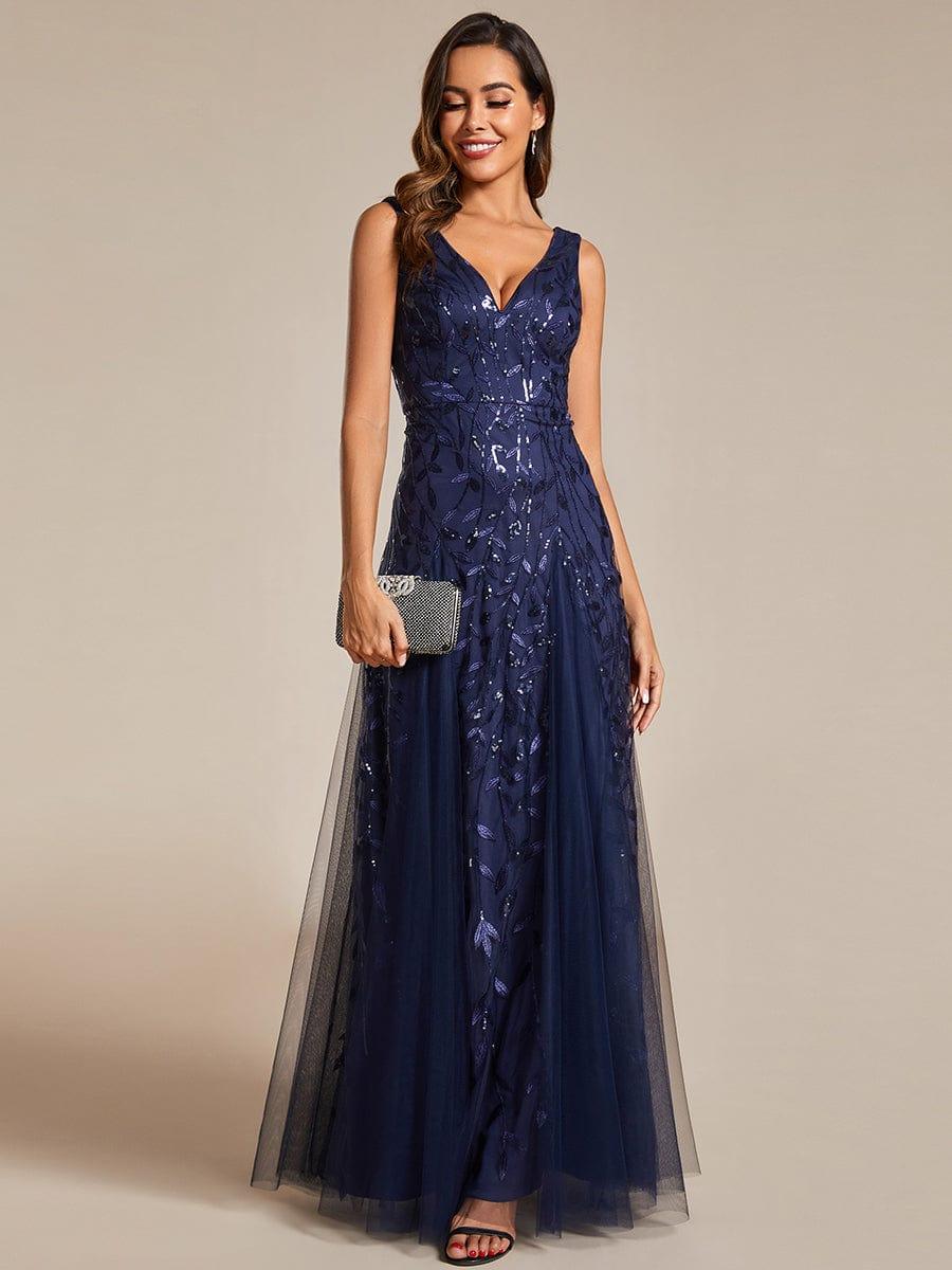 Funkelndes Abendkleid in A-Linie mit Empire-Taille und langen ?rmeln #farbe_Navy Blau