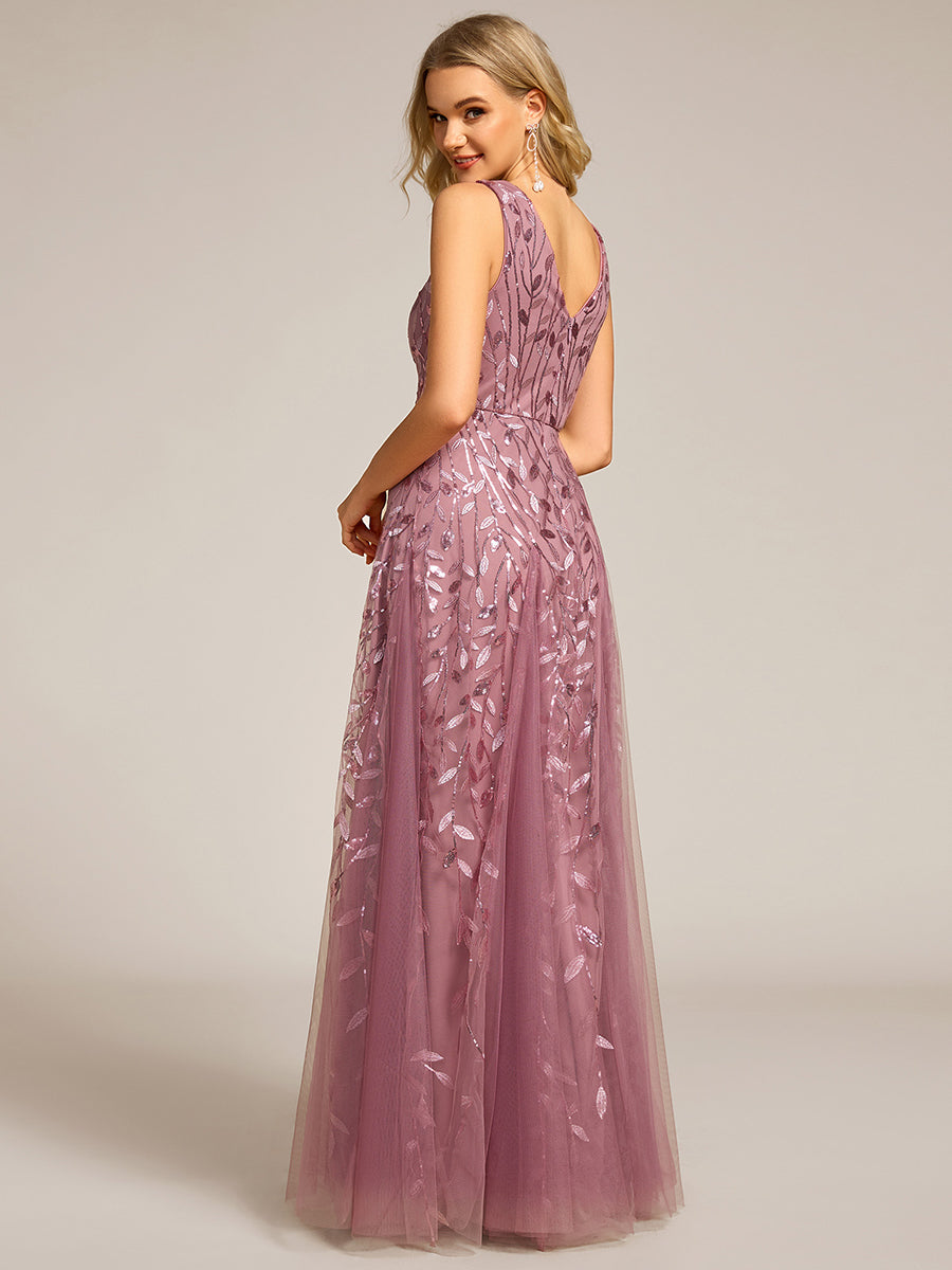 Funkelndes Abendkleid in A-Linie mit Empire-Taille und langen ?rmeln #farbe_Orchideenviolett
