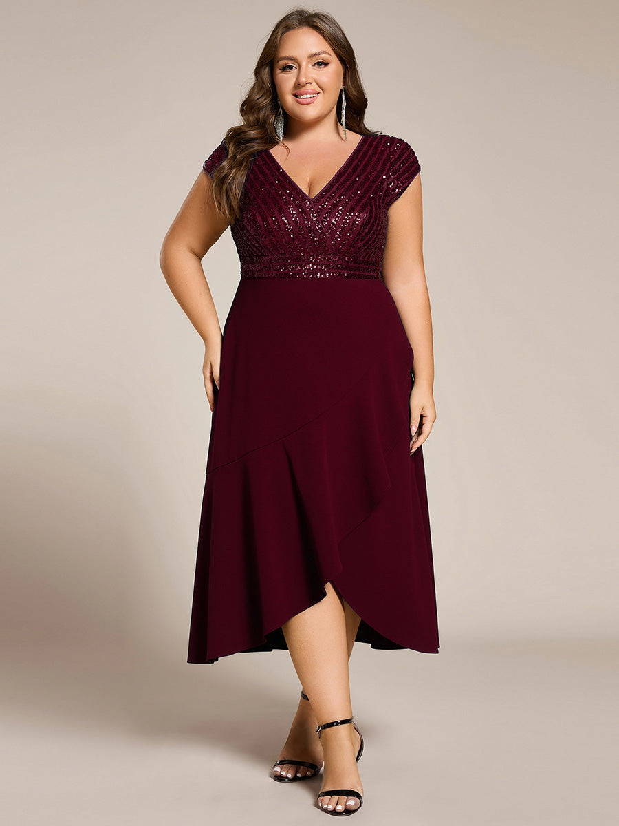 Hoch-Tief Pailletten Kleid Mit Tiefem V-Ausschnitt Und Asymmetrischem Saum Perfekt Für Partys Kleid #Farbe_Burgunderrot
