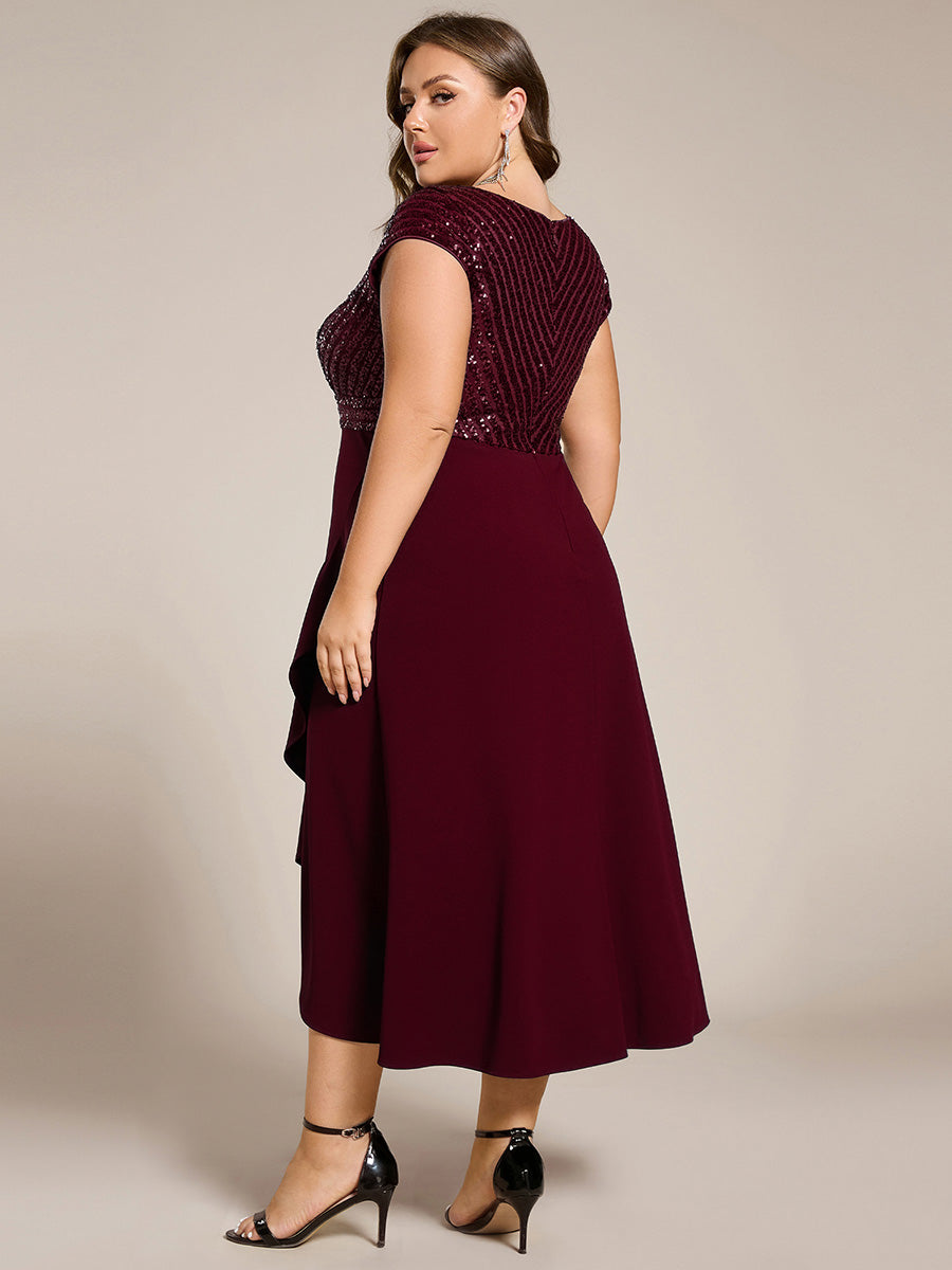 Hoch-Tief Pailletten Kleid Mit Tiefem V-Ausschnitt Und Asymmetrischem Saum Perfekt Für Partys Kleid #Farbe_Burgunderrot