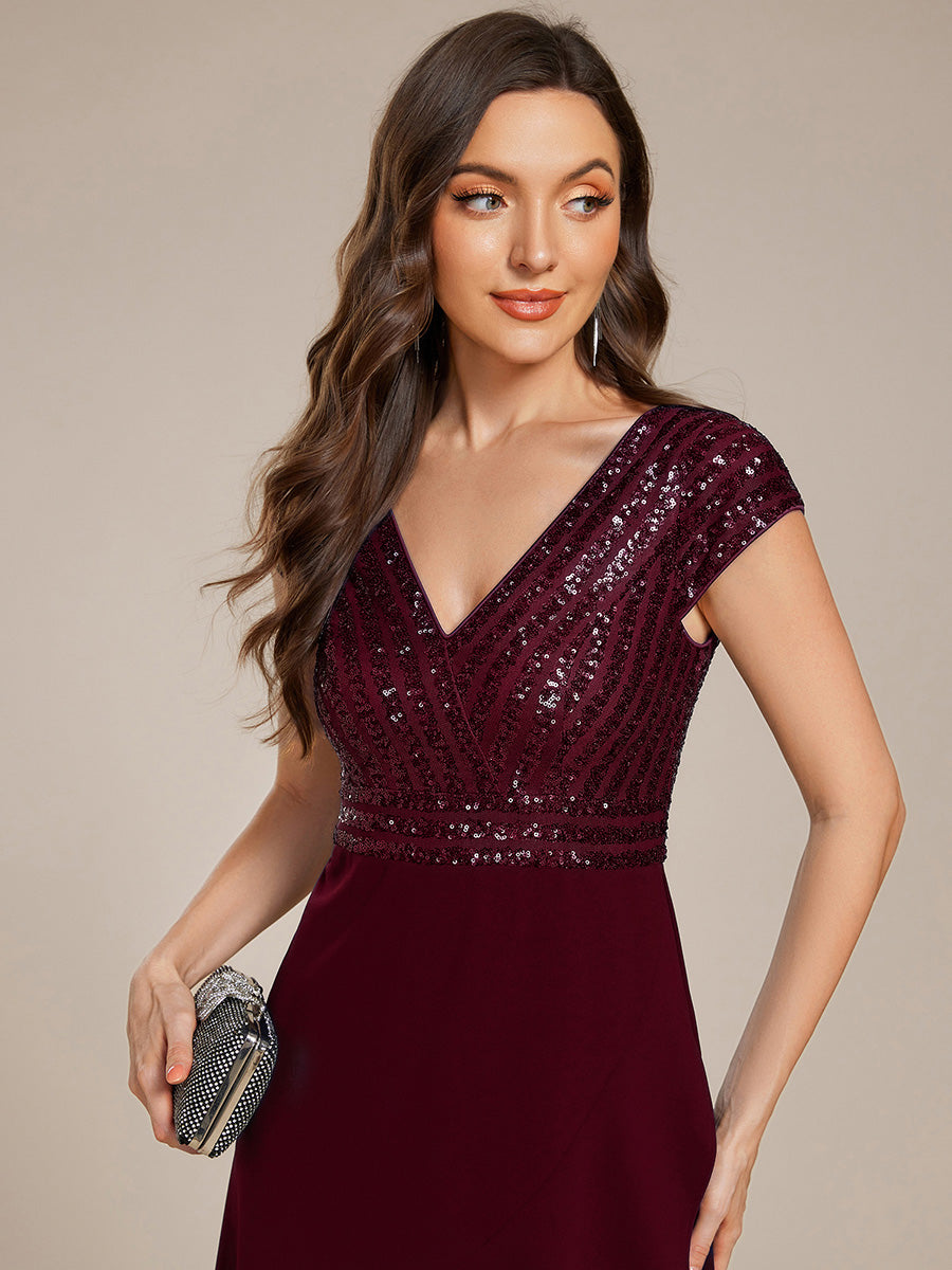 Hoch-Tief Pailletten Kleid Mit Tiefem V-Ausschnitt Und Asymmetrischem Saum Perfekt Für Partys Kleid #Farbe_Burgunderrot