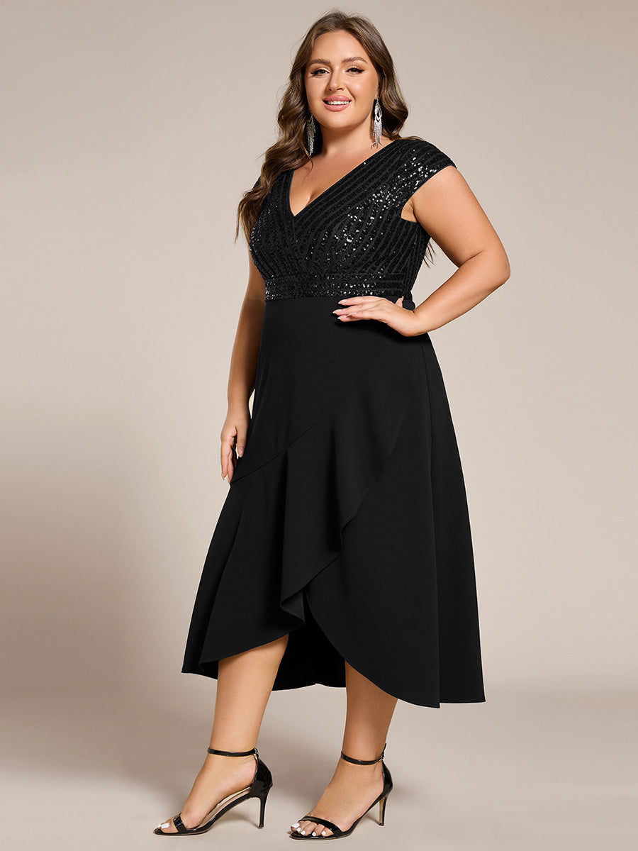 Hoch-Tief Pailletten Kleid Mit Tiefem V-Ausschnitt Und Asymmetrischem Saum Perfekt Für Partys Kleid #Farbe_Schwarz