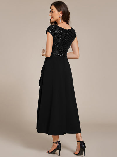 Hoch-Tief Pailletten Kleid Mit Tiefem V-Ausschnitt Und Asymmetrischem Saum Perfekt Für Partys Kleid #Farbe_Schwarz