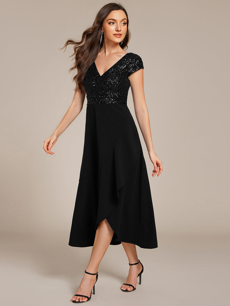 Hoch-Tief Pailletten Kleid Mit Tiefem V-Ausschnitt Und Asymmetrischem Saum Perfekt Für Partys Kleid #Farbe_Schwarz