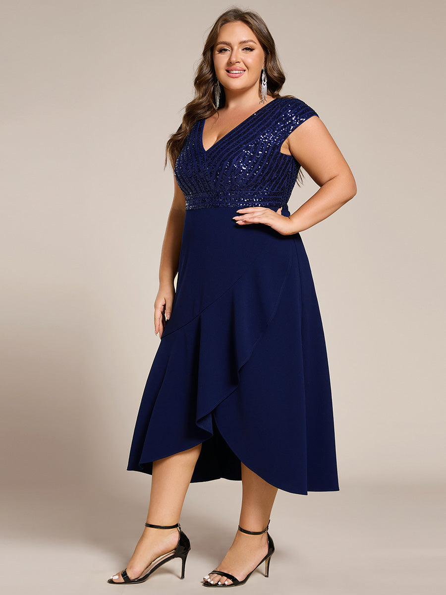 Hoch-Tief Pailletten Kleid Mit Tiefem V-Ausschnitt Und Asymmetrischem Saum Perfekt Für Partys Kleid #Farbe_Marineblau