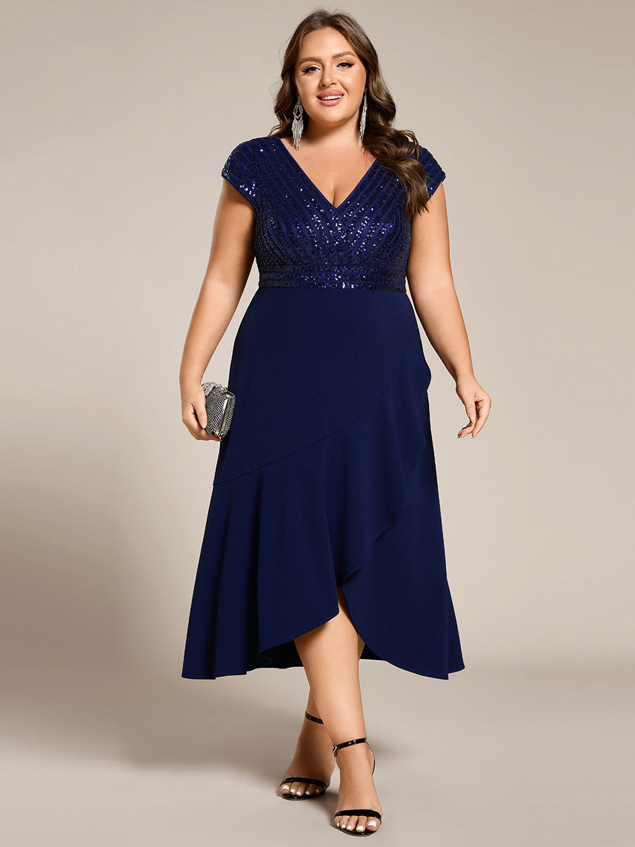 Hoch-Tief Pailletten Kleid Mit Tiefem V-Ausschnitt Und Asymmetrischem Saum Perfekt Für Partys Kleid #Farbe_Marineblau
