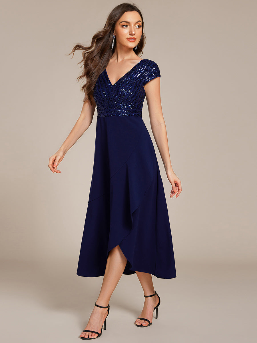 Hoch-Tief Pailletten Kleid Mit Tiefem V-Ausschnitt Und Asymmetrischem Saum Perfekt Für Partys Kleid #Farbe_Marineblau
