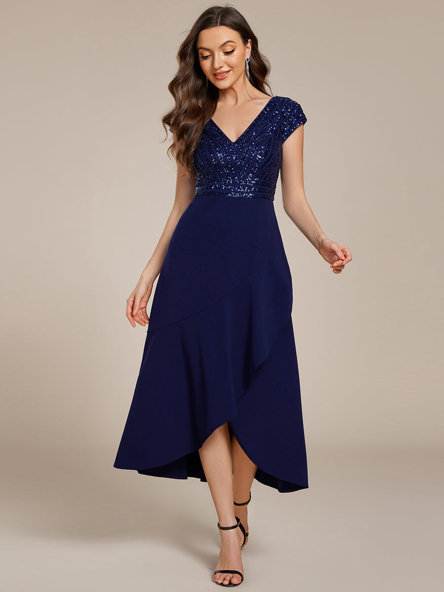 Hoch-Tief Pailletten Kleid Mit Tiefem V-Ausschnitt Und Asymmetrischem Saum Perfekt Für Partys Kleid #Farbe_Marineblau