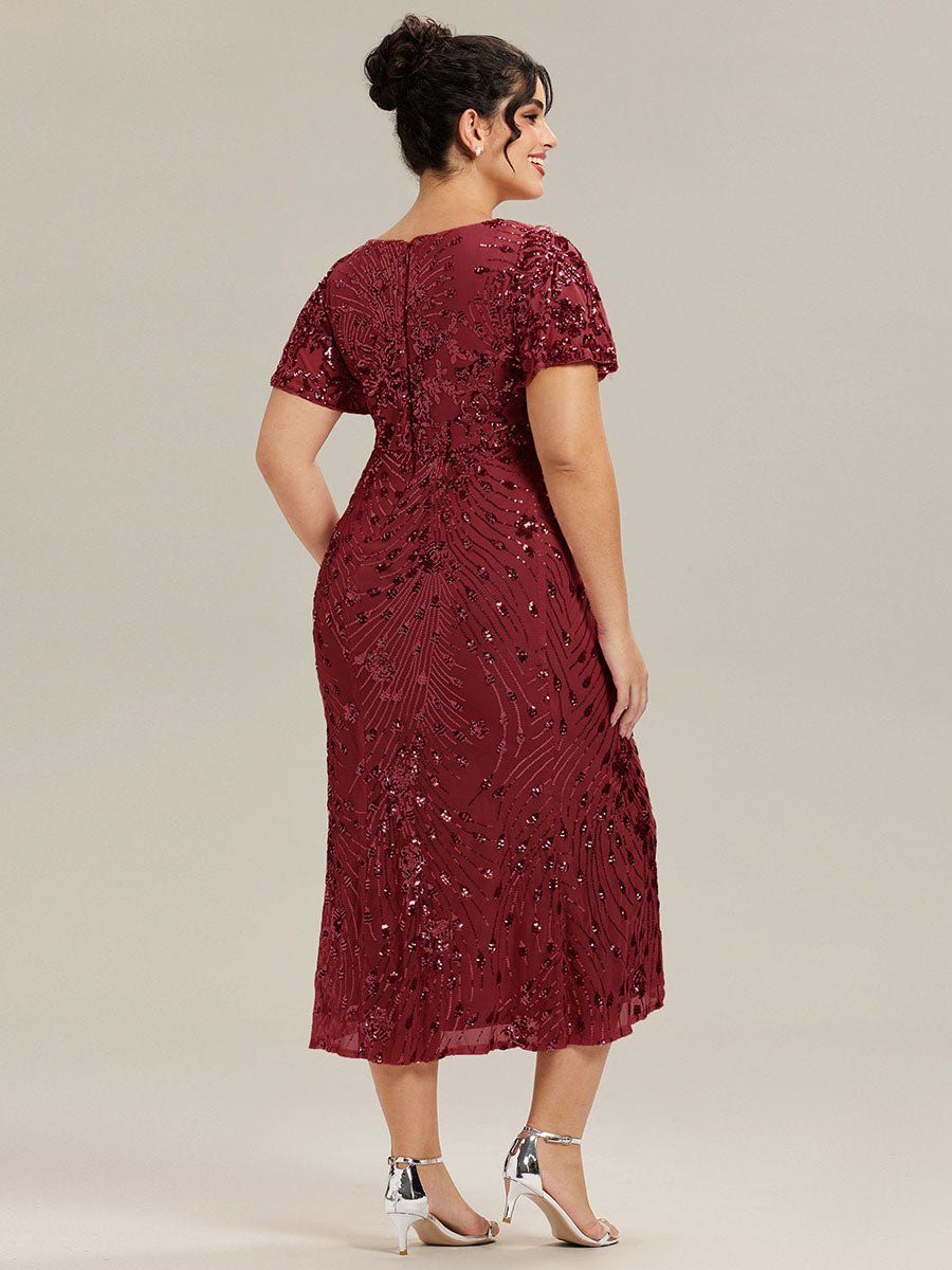 Maxi Und Knöchellange Tiefe V-Ausschnitt Meerjungfrau Pailletten Kleid Atemberaubende Eleganz Kleid #Farbe_Burgunderrot