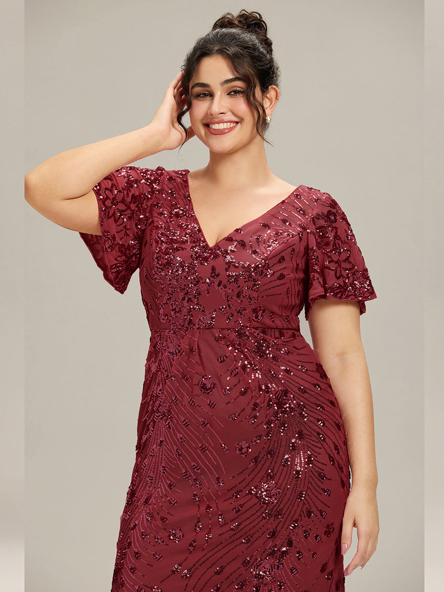 Maxi Und Knöchellange Tiefe V-Ausschnitt Meerjungfrau Pailletten Kleid Atemberaubende Eleganz Kleid #Farbe_Burgunderrot