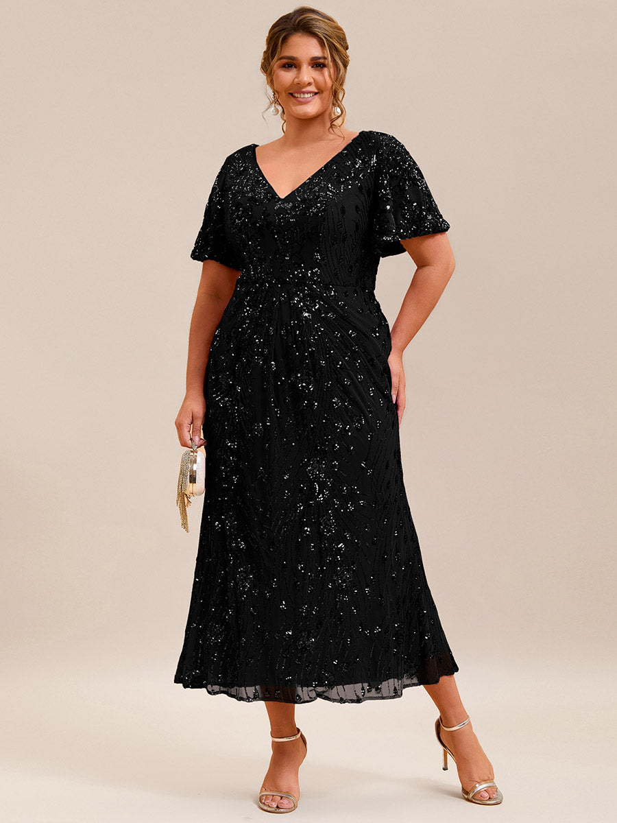 Maxi Und Knöchellange Tiefe V-Ausschnitt Meerjungfrau Pailletten Kleid Atemberaubende Eleganz Kleid #Farbe_Schwarz