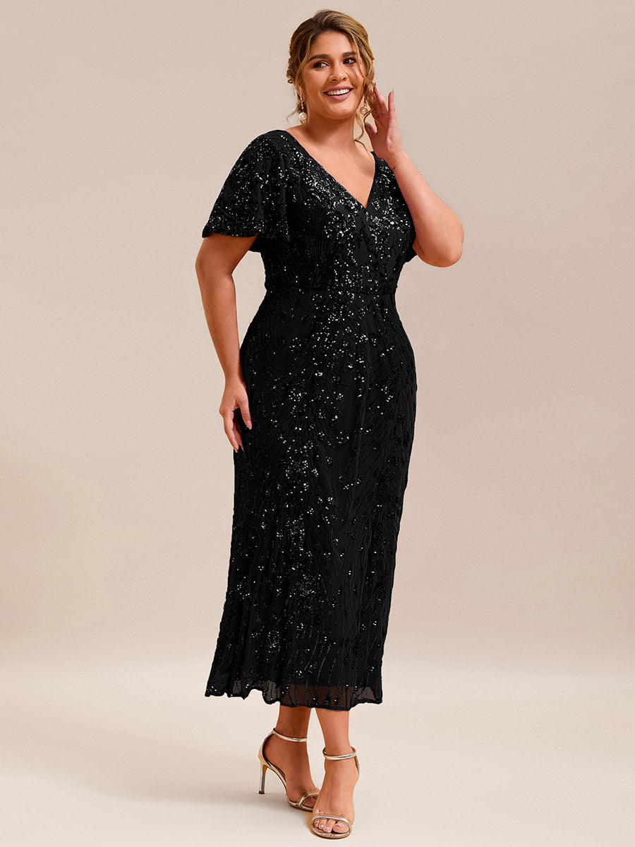 Maxi Und Knöchellange Tiefe V-Ausschnitt Meerjungfrau Pailletten Kleid Atemberaubende Eleganz Kleid #Farbe_Schwarz