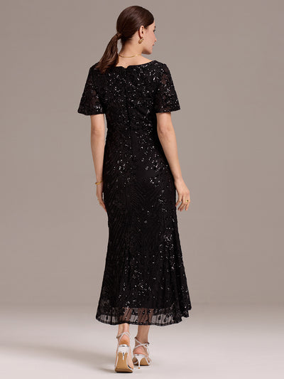 Maxi Und Knöchellange Tiefe V-Ausschnitt Meerjungfrau Pailletten Kleid Atemberaubende Eleganz Kleid #Farbe_Schwarz