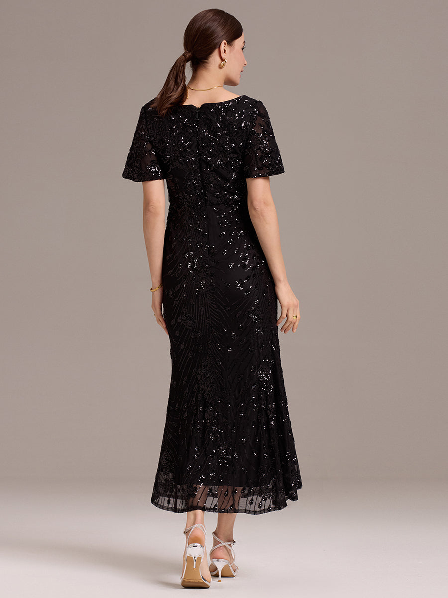Maxi Und Knöchellange Tiefe V-Ausschnitt Meerjungfrau Pailletten Kleid Atemberaubende Eleganz Kleid #Farbe_Schwarz