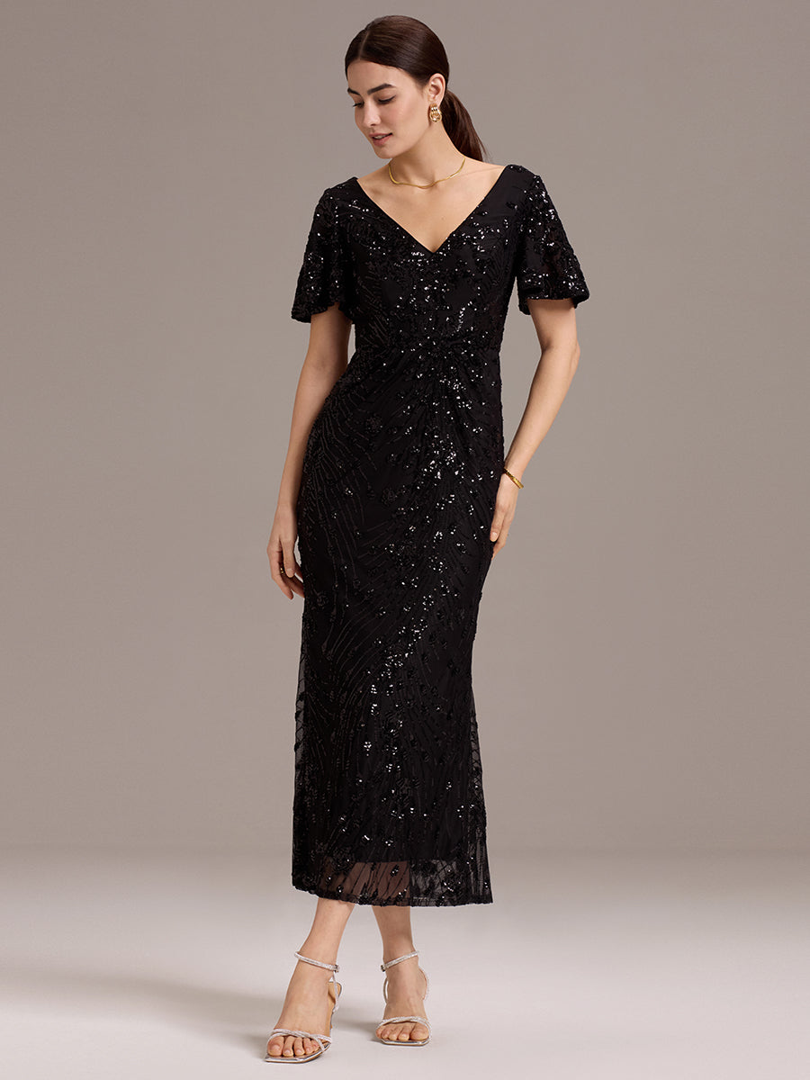 Maxi Und Knöchellange Tiefe V-Ausschnitt Meerjungfrau Pailletten Kleid Atemberaubende Eleganz Kleid #Farbe_Schwarz