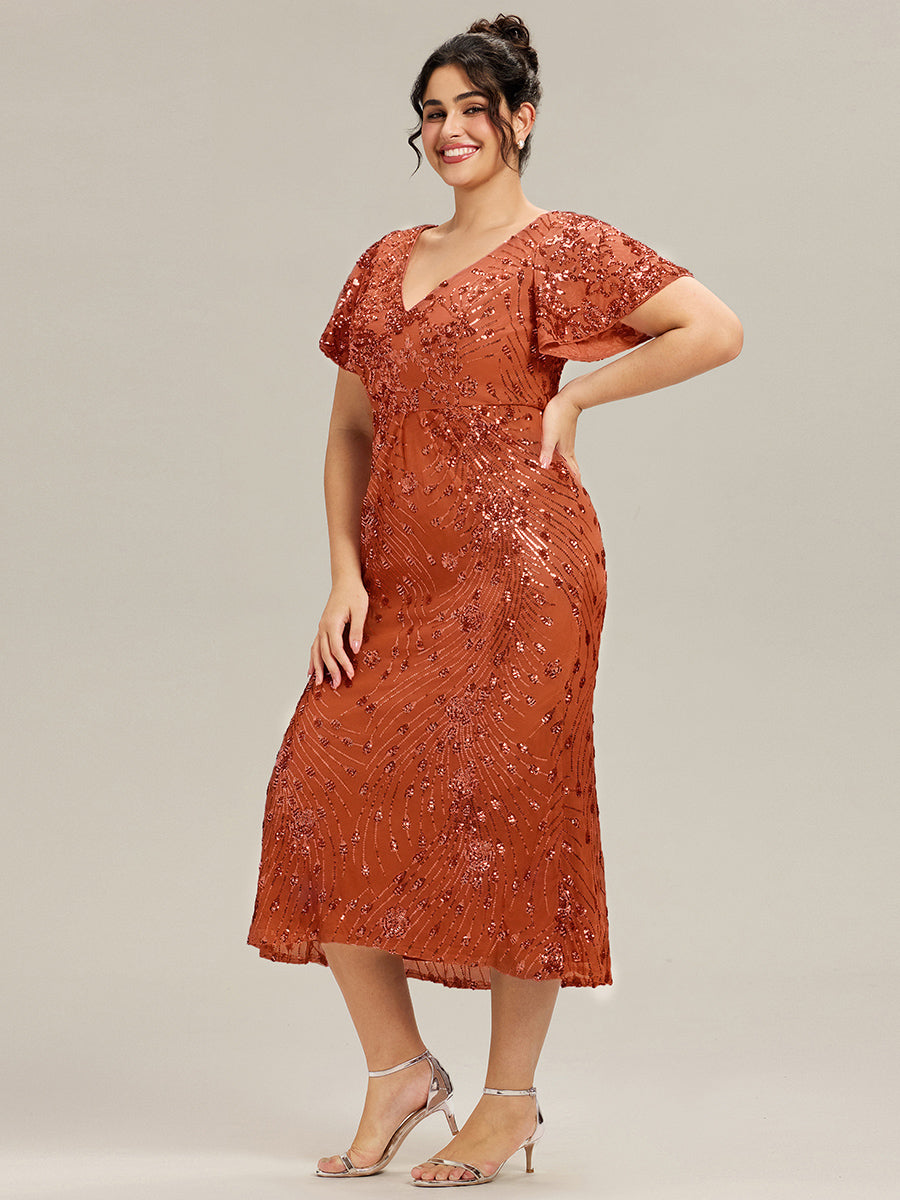 Maxi Und Knöchellange Tiefe V-Ausschnitt Meerjungfrau Pailletten Kleid Atemberaubende Eleganz Kleid #Farbe_Gebranntes Orange