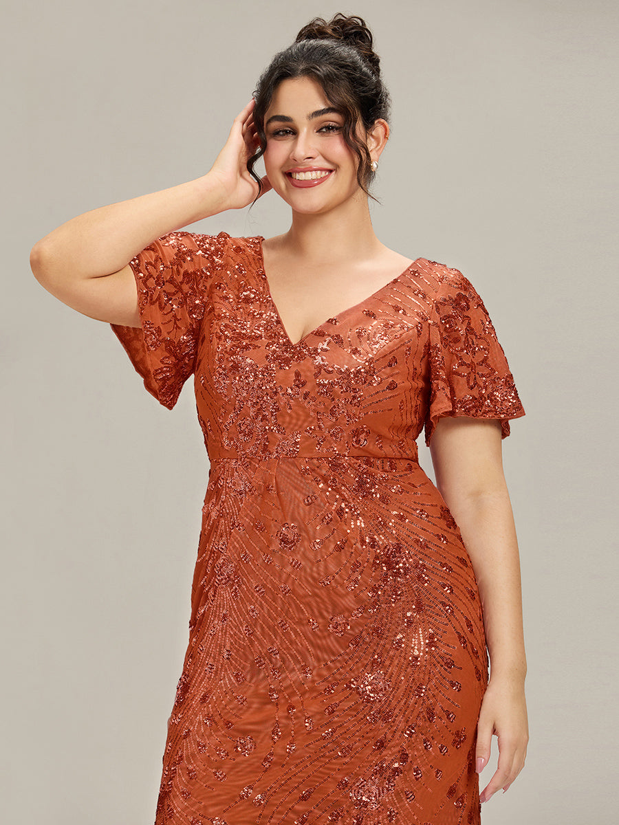 Maxi Und Knöchellange Tiefe V-Ausschnitt Meerjungfrau Pailletten Kleid Atemberaubende Eleganz Kleid #Farbe_Gebranntes Orange