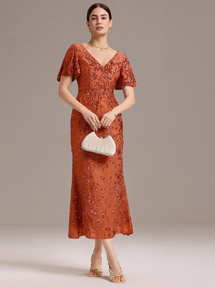 Maxi Und Knöchellange Tiefe V-Ausschnitt Meerjungfrau Pailletten Kleid Atemberaubende Eleganz Kleid #Farbe_Gebranntes Orange