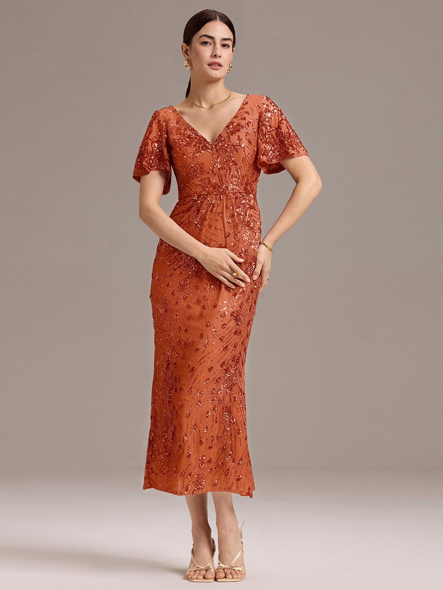 Maxi Und Knöchellange Tiefe V-Ausschnitt Meerjungfrau Pailletten Kleid Atemberaubende Eleganz Kleid #Farbe_Gebranntes Orange