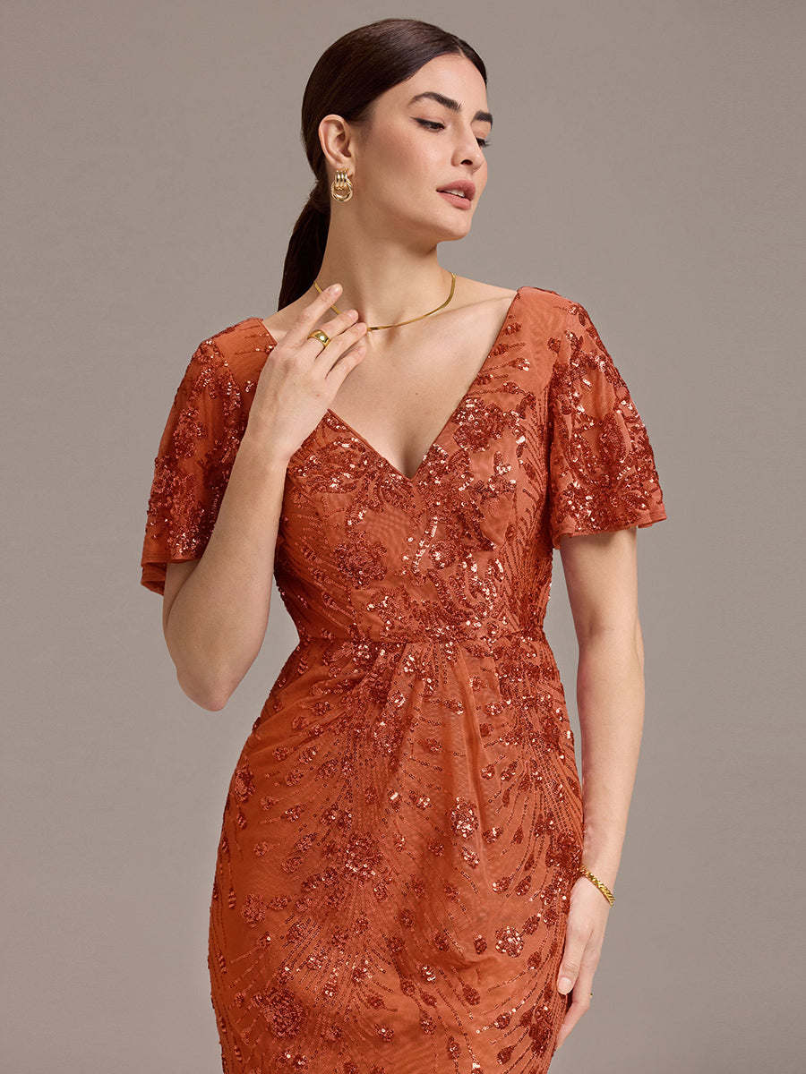 Maxi Und Knöchellange Tiefe V-Ausschnitt Meerjungfrau Pailletten Kleid Atemberaubende Eleganz Kleid #Farbe_Gebranntes Orange