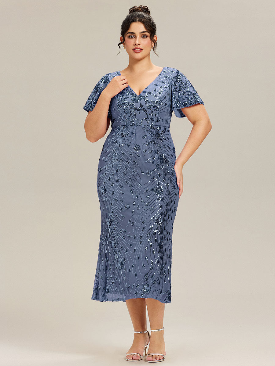 Maxi Und Knöchellange Tiefe V-Ausschnitt Meerjungfrau Pailletten Kleid Atemberaubende Eleganz Kleid #Farbe_Taubenblau