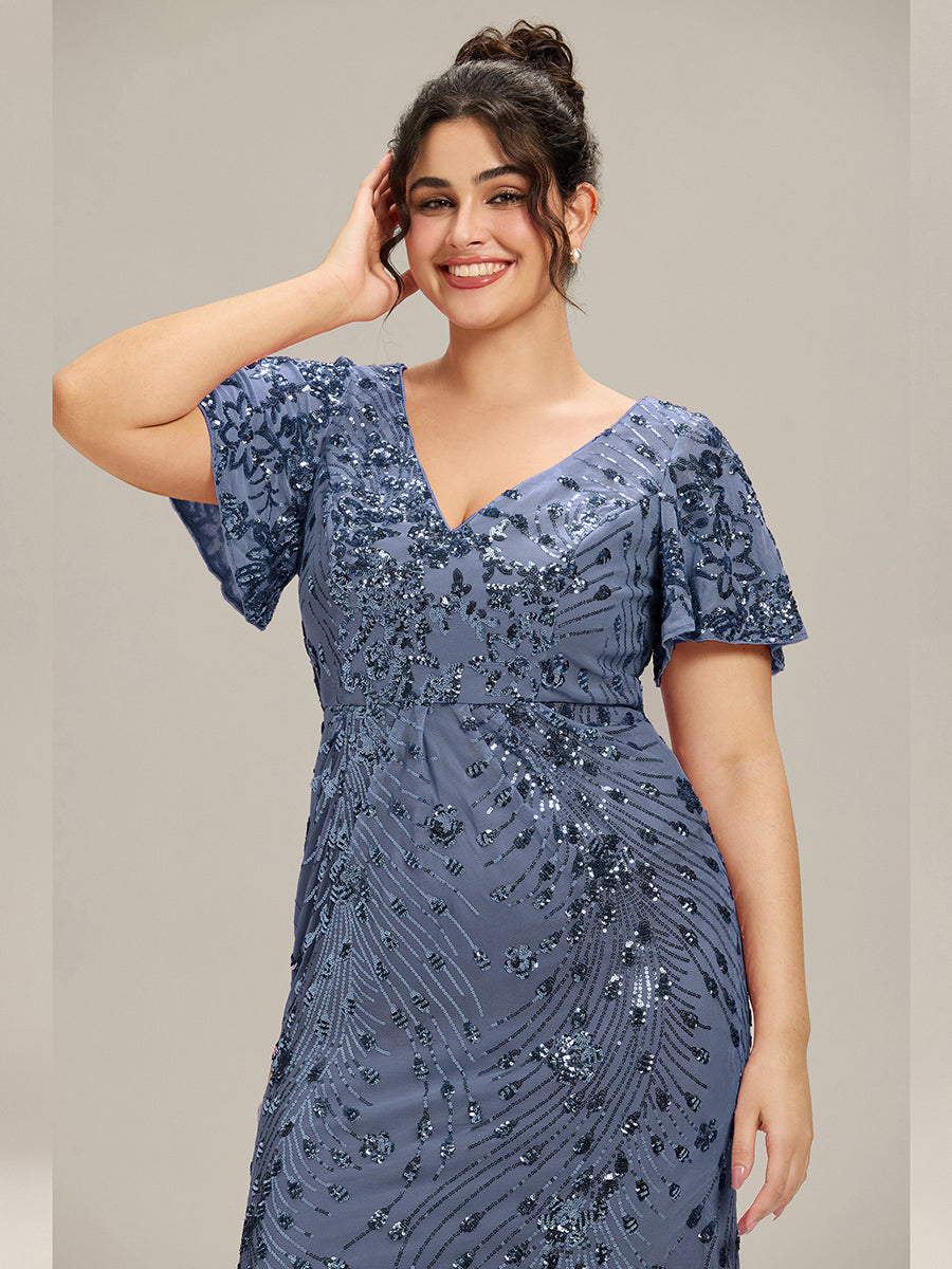 Maxi Und Knöchellange Tiefe V-Ausschnitt Meerjungfrau Pailletten Kleid Atemberaubende Eleganz Kleid #Farbe_Taubenblau