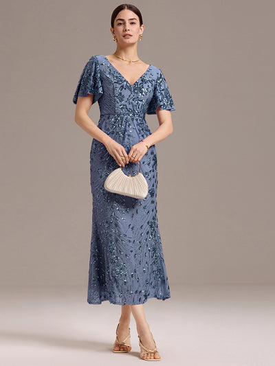 Maxi Und Knöchellange Tiefe V-Ausschnitt Meerjungfrau Pailletten Kleid Atemberaubende Eleganz Kleid #Farbe_Taubenblau