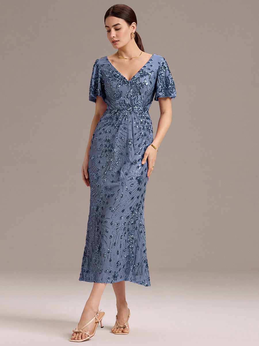 Maxi Und Knöchellange Tiefe V-Ausschnitt Meerjungfrau Pailletten Kleid Atemberaubende Eleganz Kleid #Farbe_Taubenblau