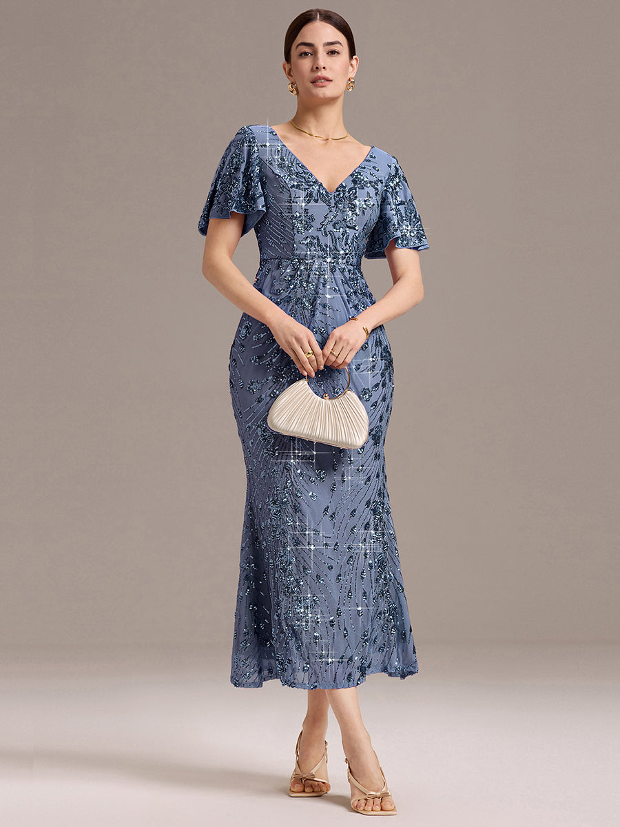 Maxi Und Knöchellange Tiefe V-Ausschnitt Meerjungfrau Pailletten Kleid Atemberaubende Eleganz Kleid #Farbe_Taubenblau