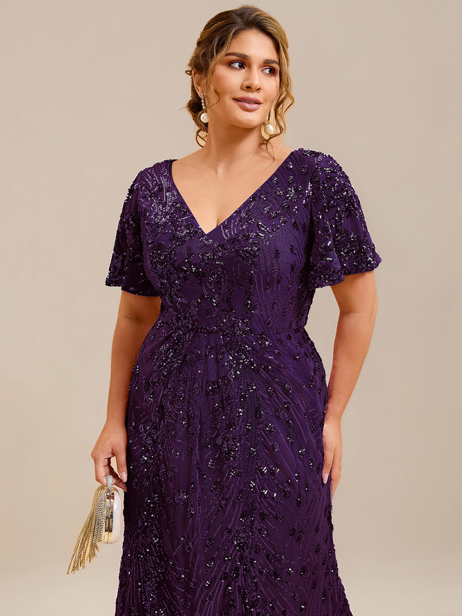 Maxi Und Knöchellange Tiefe V-Ausschnitt Meerjungfrau Pailletten Kleid Atemberaubende Eleganz Kleid #Farbe_Dunkelviolett