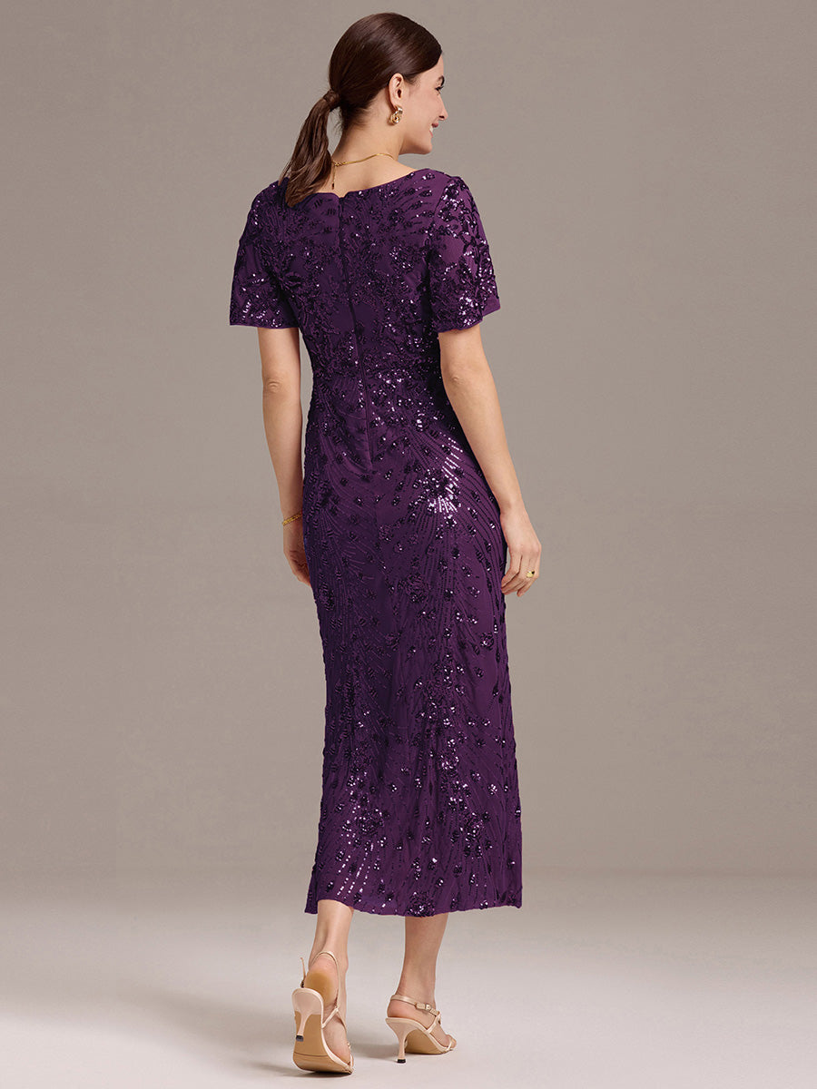 Maxi Und Knöchellange Tiefe V-Ausschnitt Meerjungfrau Pailletten Kleid Atemberaubende Eleganz Kleid #Farbe_Dunkelviolett