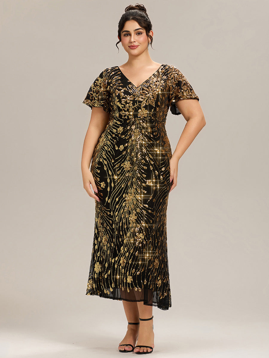 Maxi Und Knöchellange Tiefe V-Ausschnitt Meerjungfrau Pailletten Kleid Atemberaubende Eleganz Kleid #Farbe_Schwarz & Gold