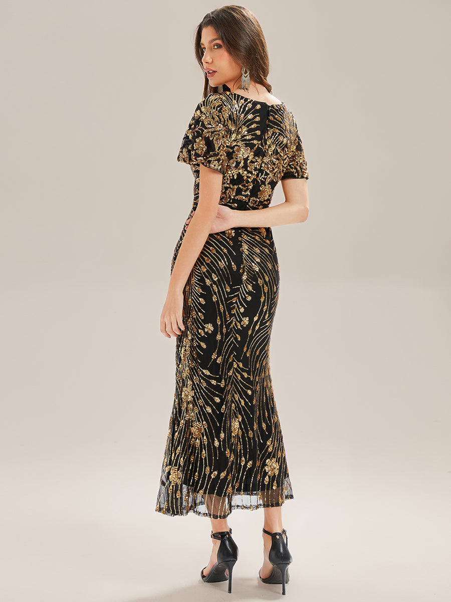 Maxi Und Knöchellange Tiefe V-Ausschnitt Meerjungfrau Pailletten Kleid Atemberaubende Eleganz Kleid #Farbe_Schwarz & Gold