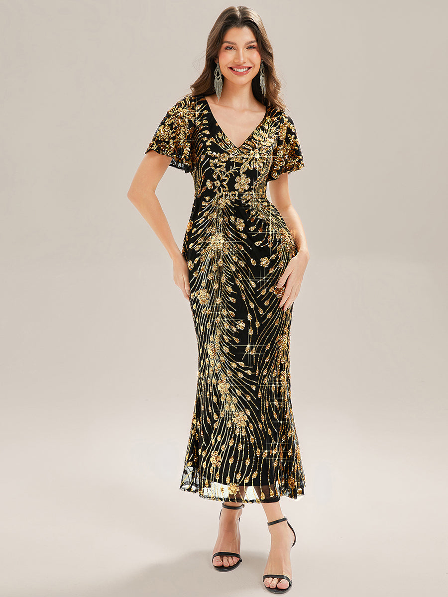 Maxi Und Knöchellange Tiefe V-Ausschnitt Meerjungfrau Pailletten Kleid Atemberaubende Eleganz Kleid #Farbe_Schwarz & Gold