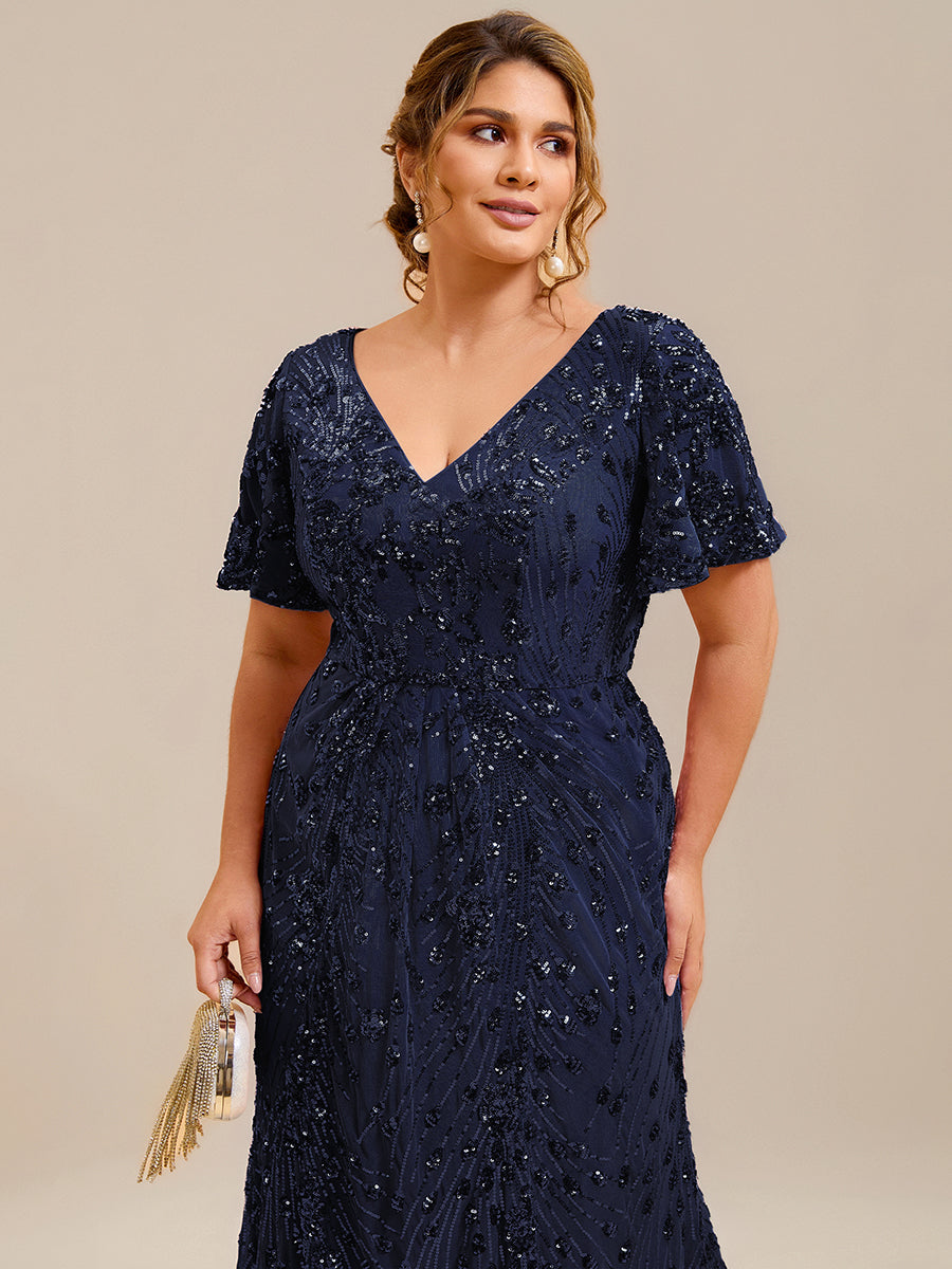 Maxi Und Knöchellange Tiefe V-Ausschnitt Meerjungfrau Pailletten Kleid Atemberaubende Eleganz Kleid #Farbe_Marineblau