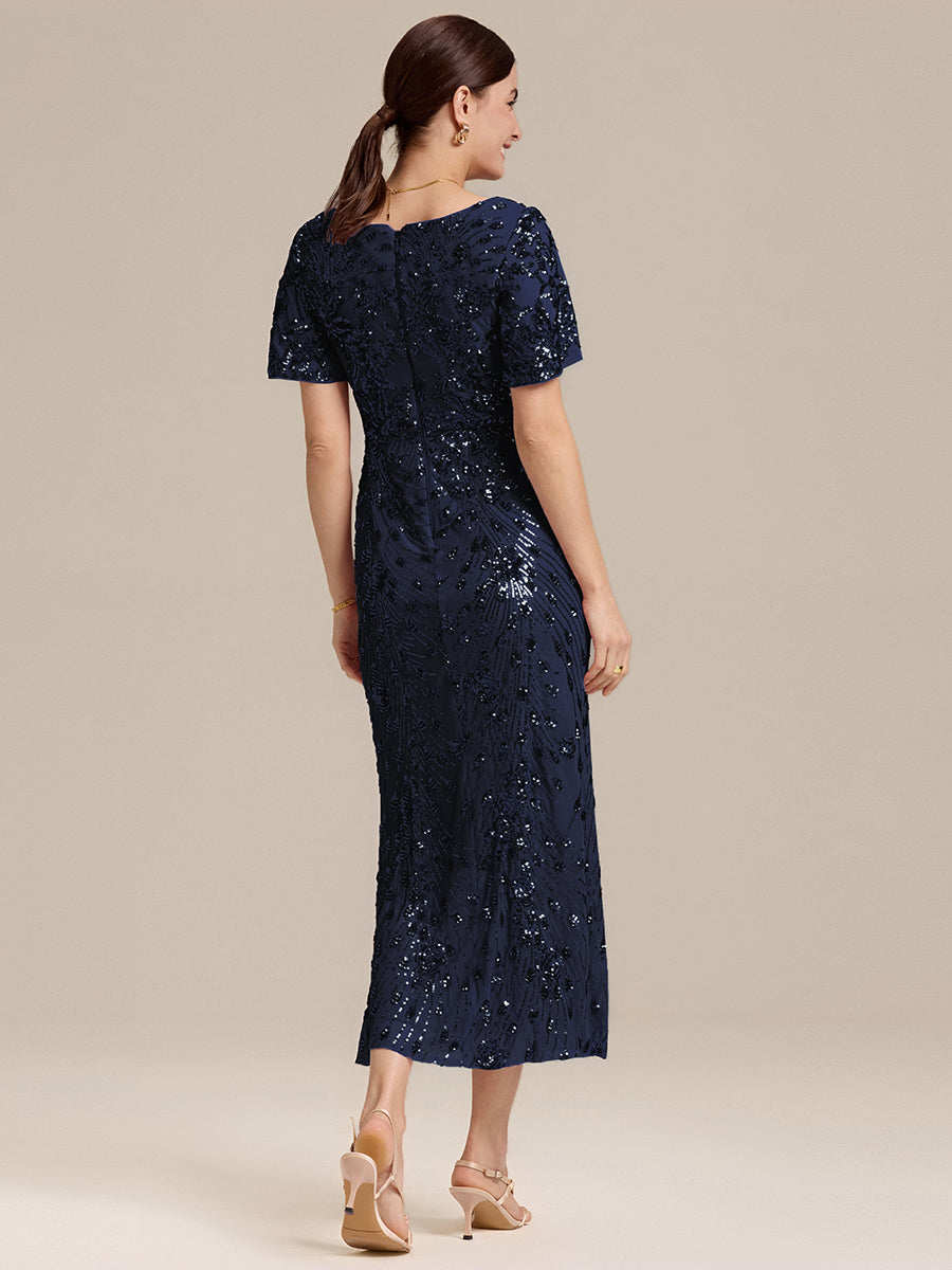 Maxi Und Knöchellange Tiefe V-Ausschnitt Meerjungfrau Pailletten Kleid Atemberaubende Eleganz Kleid #Farbe_Marineblau