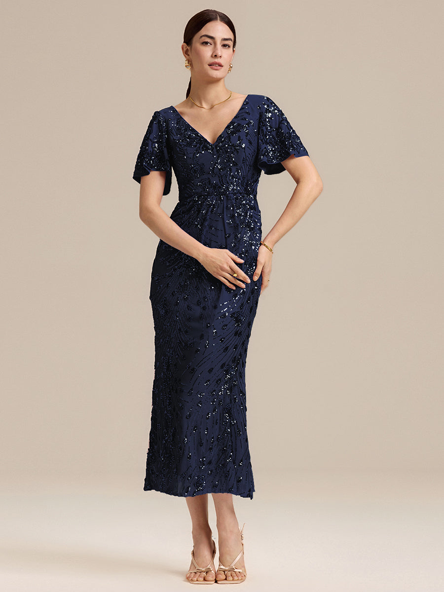Maxi Und Knöchellange Tiefe V-Ausschnitt Meerjungfrau Pailletten Kleid Atemberaubende Eleganz Kleid #Farbe_Marineblau