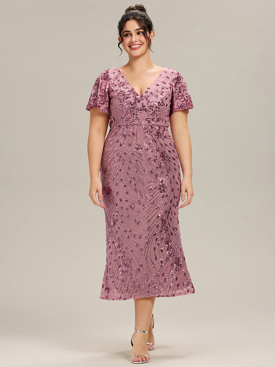 Maxi Und Knöchellange Tiefe V-Ausschnitt Meerjungfrau Pailletten Kleid Atemberaubende Eleganz Kleid #Farbe_Orchideenviolett