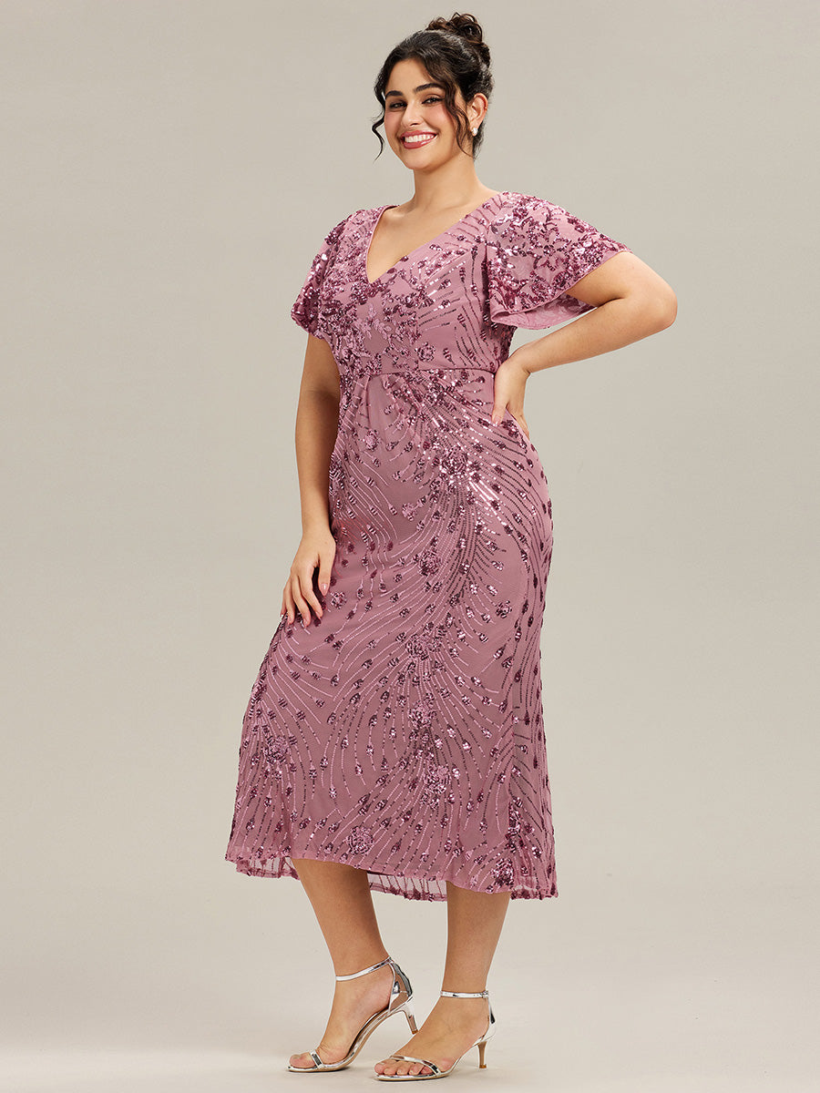 Maxi Und Knöchellange Tiefe V-Ausschnitt Meerjungfrau Pailletten Kleid Atemberaubende Eleganz Kleid #Farbe_Orchideenviolett