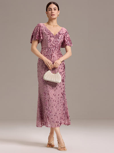 Maxi Und Knöchellange Tiefe V-Ausschnitt Meerjungfrau Pailletten Kleid Atemberaubende Eleganz Kleid #Farbe_Orchideenviolett