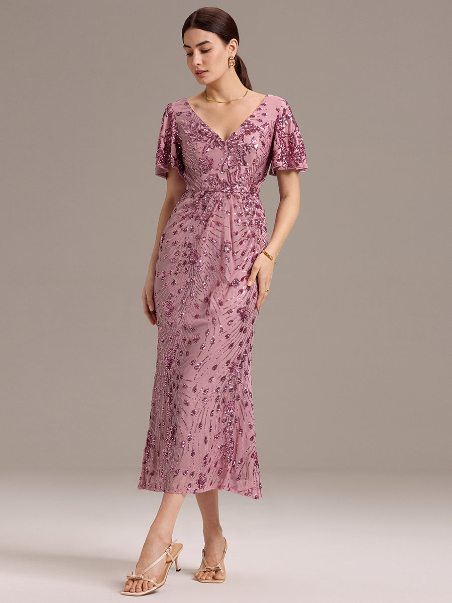 Maxi Und Knöchellange Tiefe V-Ausschnitt Meerjungfrau Pailletten Kleid Atemberaubende Eleganz Kleid #Farbe_Orchideenviolett
